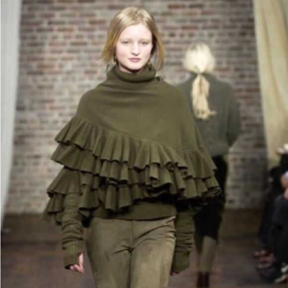 Ralph Lauren Vintage Fall 2003 Collection Loden Green Ruffle Wrap Cashmere Shawl - Picture 5 of 8